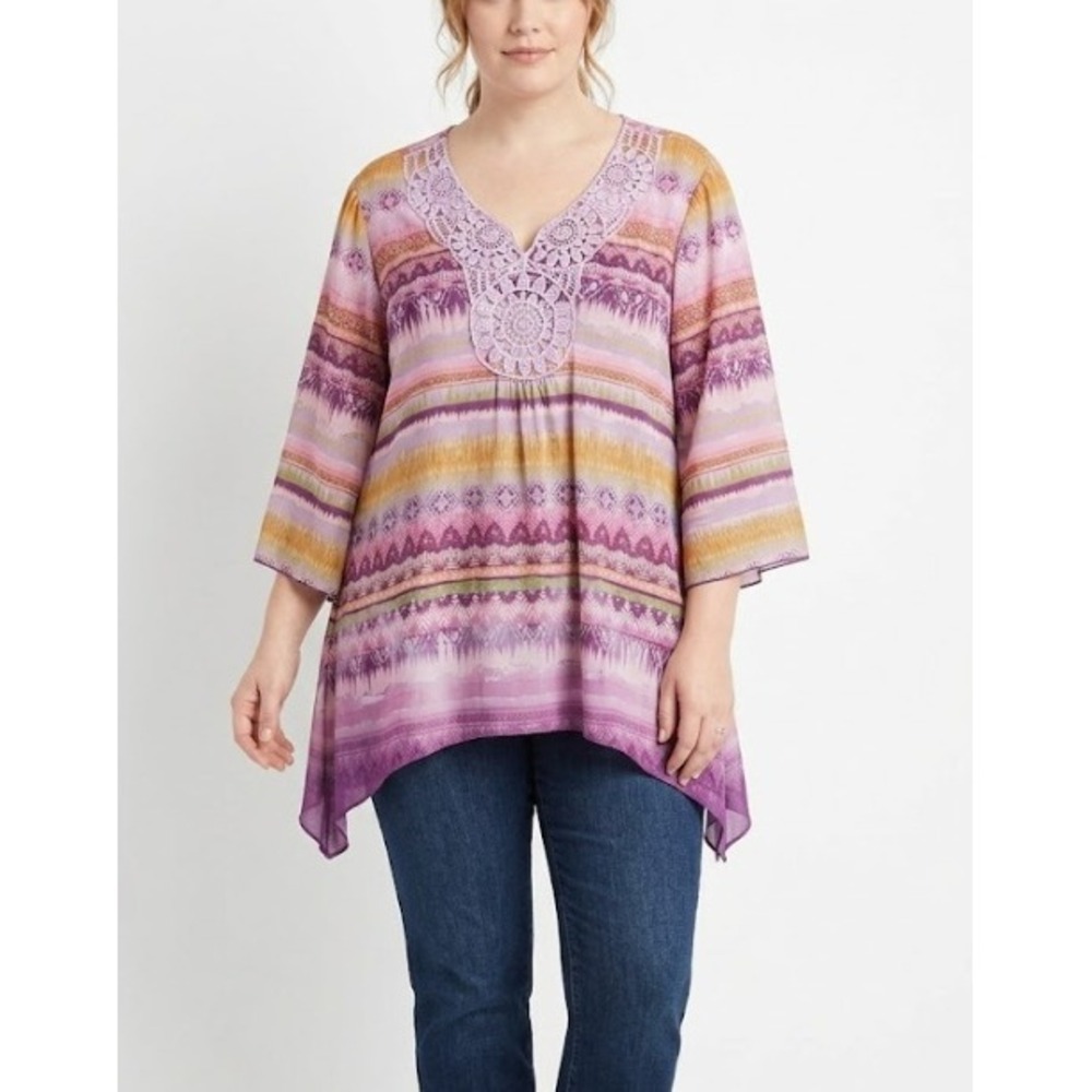 Catherines Tunic Top 3X Purple Pink Tribal Print Crochet V-Neck Sharkbite Hem